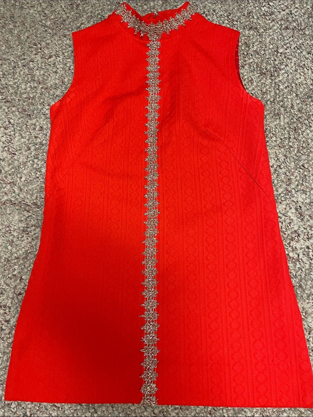 Vintage 60s textured Red Sleeveless tunic/mini Dress with Gold brocade Trim